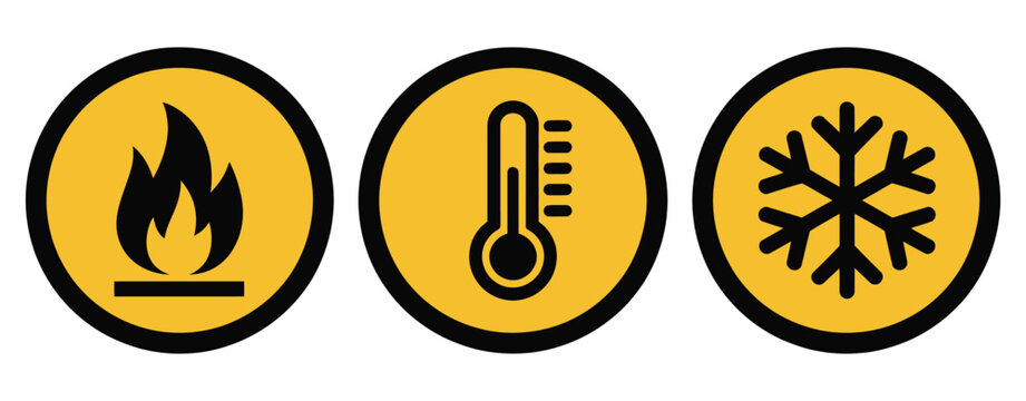 Hot surface hazard vector, fire hazard sign, high temperature warning, cold and laser caution symbols, industrial safety signage, risk alert icons, workplace danger illustration, safety icon set.