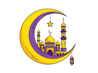 Illuminated mosque within a crescent moon isolated on transparent background