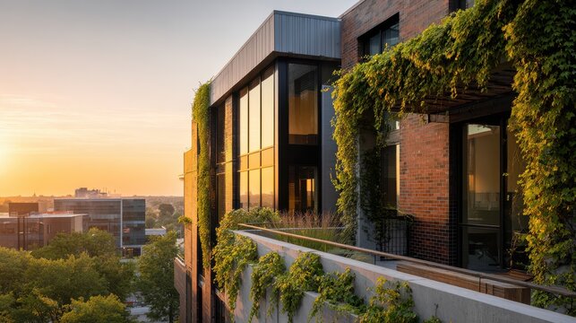 Modern apartment building with lush green balcony and rooftop garden at sunset - Powered by Adobe