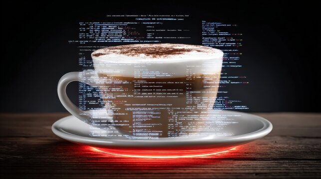 A steaming cup of cappuccino, infused with the essence of digital code and illuminated by a soft, ambient glow. ..Created with Generative AI, not depicting real subjects.