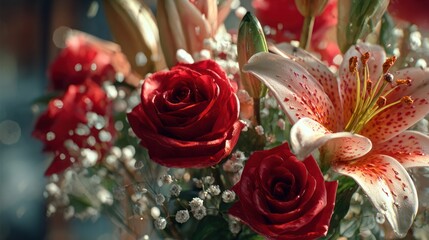 a Valentine's Day bouquet with red roses, lilies, and baby's breath in glass vase, 8k, realistic, full ultra HD, high resolution, cinematic photography
