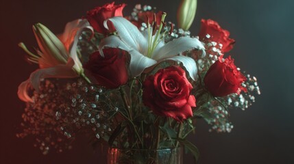 a Valentine's Day bouquet with red roses, lilies, and baby's breath in glass vase, 8k, realistic, full ultra HD, high resolution, cinematic photography