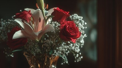 a Valentine's Day bouquet with red roses, lilies, and baby's breath in glass vase, 8k, realistic, full ultra HD, high resolution, cinematic photography