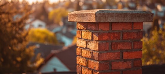 Naklejka premium The Chimney Bathed in Warm Sunset Light Over a Quiet Suburban Neighborhood