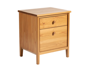 A wooden nightstand with two drawers and round knobs, isolated on black