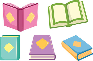 Colorful Cartoon Books Illustration Set. Generic Open and Closed Books for Education, Reading, and Storytelling on White Background.