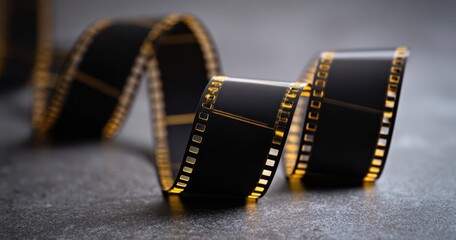 The film strip curling on a textured surface with cinematic golden edges