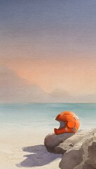 Obraz premium Solitude on the shore orange helmet meets tranquil beach serene watercolor illustration concept