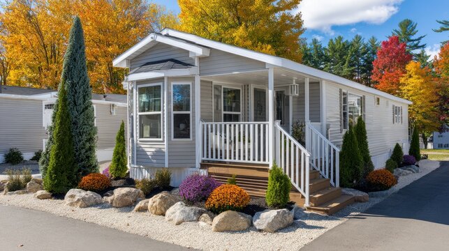 Modern mobile home with porch and beautiful landscaping during autumn with colorful fall foliage in the background