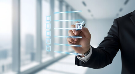 Businessman interacting with virtual interface in modern office