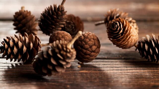 Pine cone wooden table with rustic cosy winter self care nature closeup brown decoration holiday season autumn fall forest natural wood organic texture still life background eco dry home mood surface