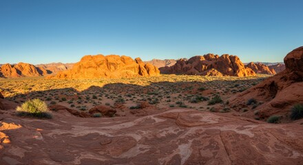Fototapeta premium A desert landscape with rugged orange rock formations and sparse greenery under a clear blue sky