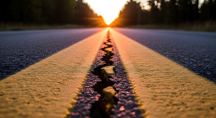 Sunset road with golden yellow double lines and cracked asphalt leading to horizon cracked pavement yellow lines