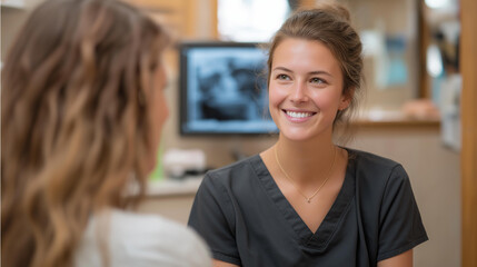 Fototapeta premium A dental office features a patient receiving an x-ray to diagnose oral health issues, demonstrating how x-ray imaging is essential for preventive care and treatment planning in dentistry. cinematic