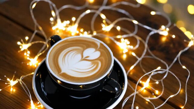 Cozy cafe winter coffee cup latte art book nearby in warm light bokeh on wooden table background for relaxing coffee break scene