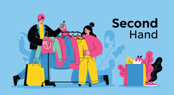 Young couple shopping at a second hand clothing store looking at a rack of colorful jackets and bags for sustainable fashion.