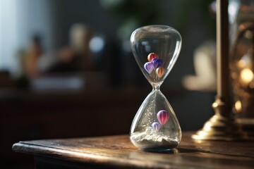 Miniature balloons in hourglass: symbol of time and adventure