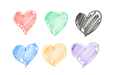 set of colorful child drawn hearts with felttip pen in various colors isolated on white or transparent png