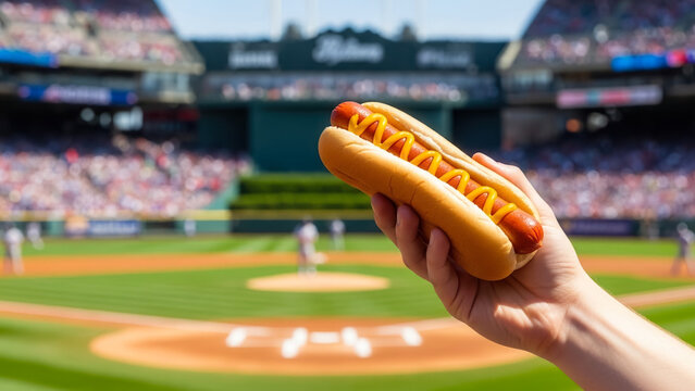 Hand holding hot dog at baseball stadium during live game, sports food tradition and fan experience