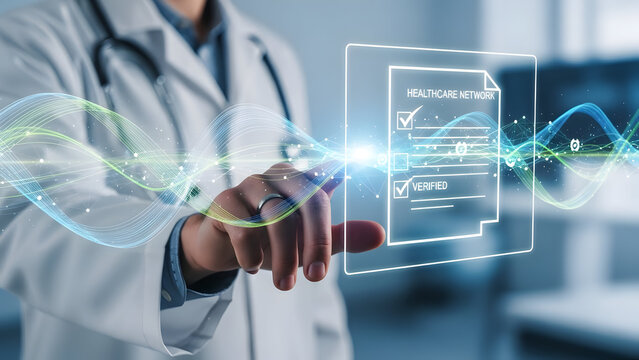 Doctor interacting with futuristic medical technology interface in a clinical setting - Powered by Adobe