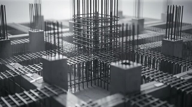 Abstract architectural construction featuring steel reinforcement bars and concrete pillars, showcasing modern engineering.