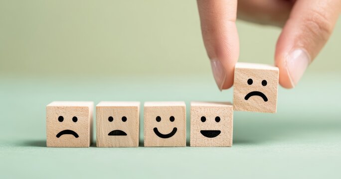 The wooden blocks showing a range of emotions while a hand selects a sad face