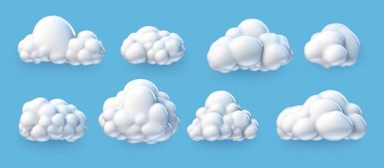 Fototapeta premium Collection of fluffy white cartoon clouds on a vibrant blue background.