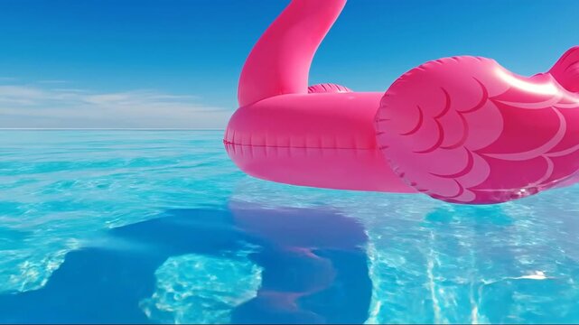 Pink flamingo float drifting on crystal clear tropical water under clear blue sky