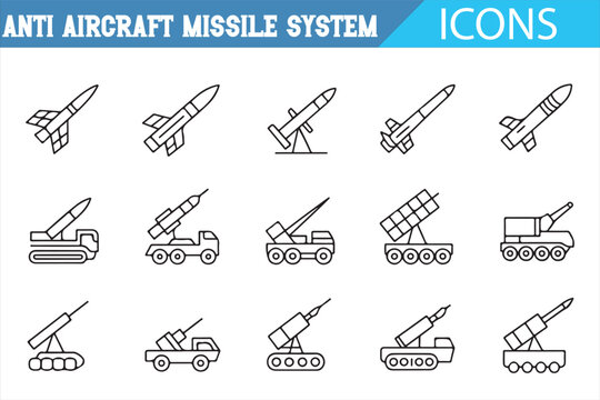 Military air defense icons set with radar guided missile systems