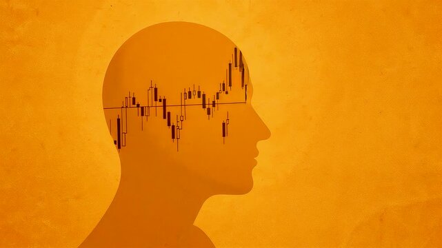 Human head silhouette with financial chart inside brain showing market analysis, decision making psychology and economic thinking under pressure