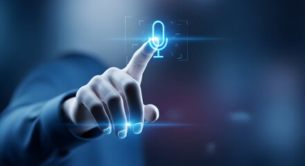 A futuristic hand interacting with a glowing blue microphone icon