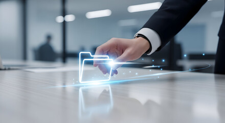 Businessman interacting with a futuristic digital interface on a sleek tabletop