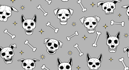 Spooky but cute halloween pattern of dog skulls and bones decorated with small stars on a neutral grey background for pet lovers.