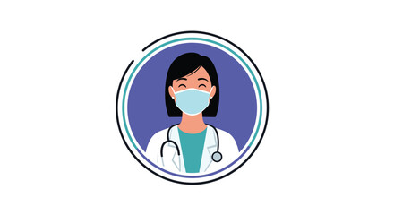 Professional female doctor wearing a white coat and a surgical face mask inside a circular frame for healthcare and medical icons.