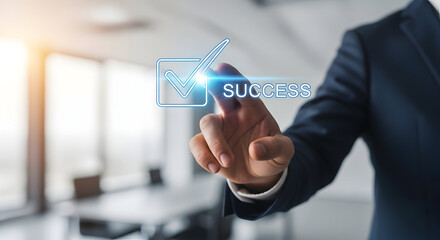 Businessman touching virtual screen with success and growth concept