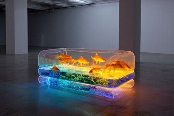 Colorful creative aquarium art installation with goldfish in unique glass structure