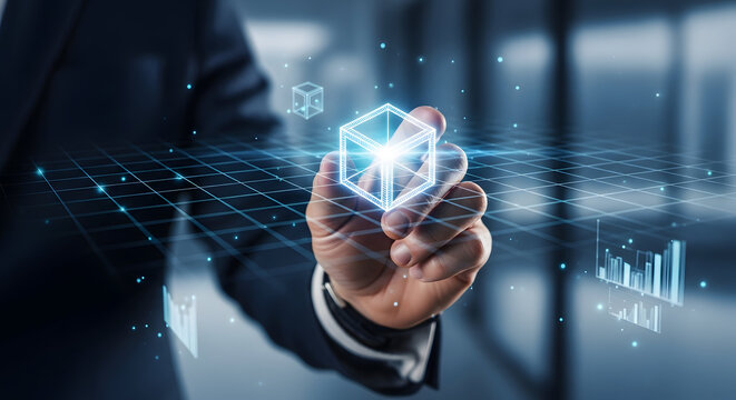 Businessman interacting with a futuristic digital interface in a modern office setting - Powered by Adobe