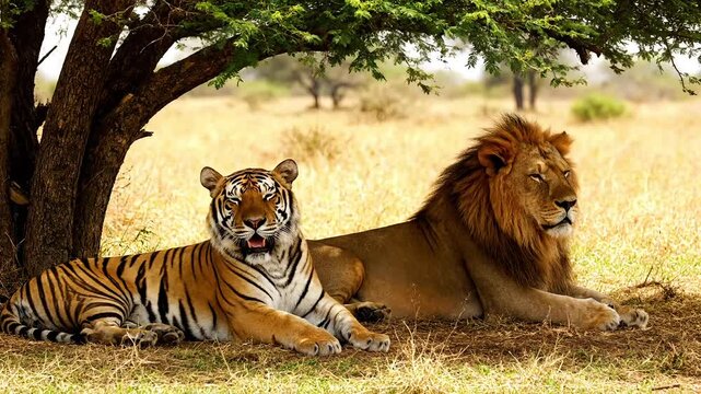 A lion and a tiger relax together under a tree in a savannah video