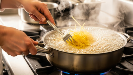Chef hands boiling pasta until done in kitchen, cooking process and culinary skills