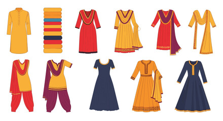 Diverse collection of traditional south asian dresses for women including sarees salwars and kurtas in vibrant colors.
