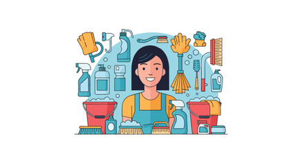 Smiling woman surrounded by an extensive collection of cleaning supplies tools and products for home service and hygiene.