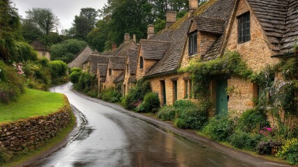 Historic honey-colored stone cottages on a wet winding road in the picturesque village of Bibury, Cotswolds, England
