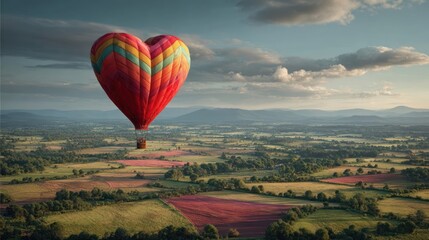 A whimsical hot air balloon in the shape of a heart floating over a scenic countryside, with vibrant fields below, 8k, realistic, full ultra HD, high resolution, cinematic photography