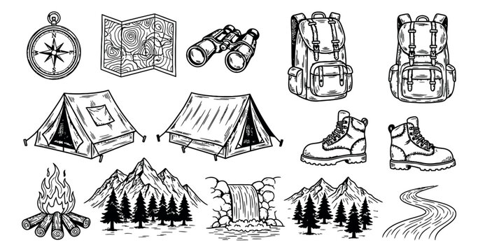 Hand drawn line art camping and hiking elements set featuring compass, map, tents, backpacks, boots, campfire, mountains, and waterfall for outdoor adventure activities
