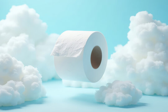 Toilet Paper Floating in Clouds. Extreme Softness Concept. Airy Hygiene Illustration
