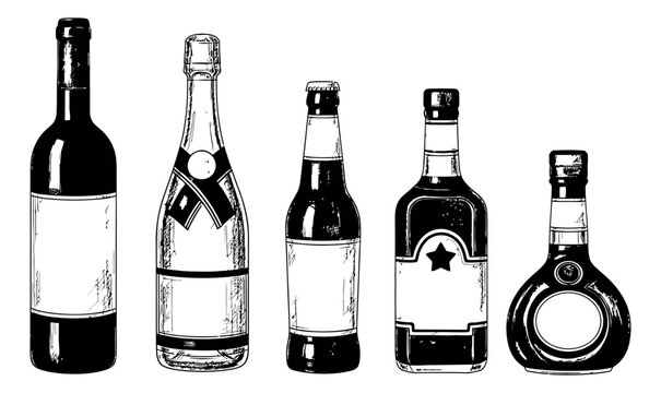 Hand drawn line art alcohol bottle set featuring various drinks like wine, champagne, beer, and liquor for celebration and beverage concepts