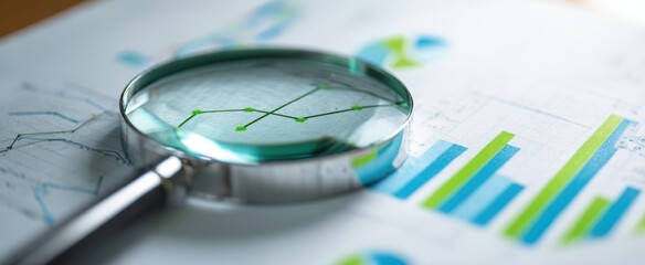 The magnifying glass highlighting financial charts and data analysis for business insight