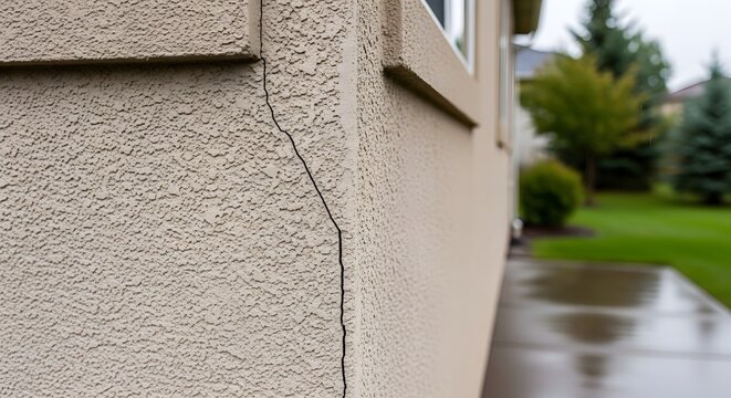 Vertical crack in beige stucco exterior wall of a house with wet sidewalk and garden background
