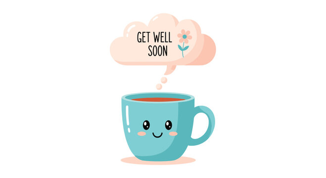Cheerful get well soon greeting card design featuring a smiling blue coffee mug with a warm message in a fluffy thought bubble.