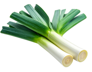 Two vibrant leeks, arranged diagonally, with crisp white stems and verdant, layered leaves